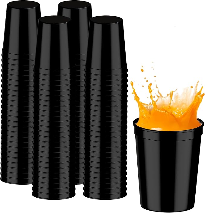 PartyPrints 100 Pack 16 oz Black Reusable Blank Plastic Cups, Stadium Cups Bulk by PartyPrints