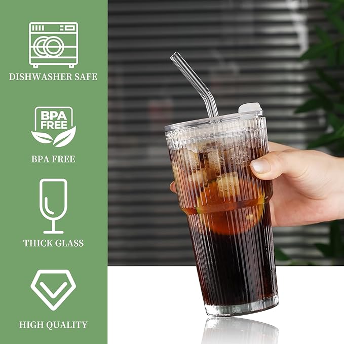 Glass Cups with Lids and Straws - 18oz Glass Tumbler with Straw and Lid, Premium Coffee Cups for Tea, Iced Coffee, Smoothie，Ideal Gift for Home, Office, Coffee Shop, 1pack