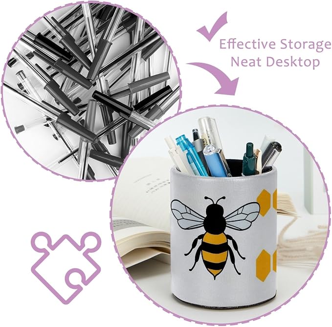 Leather Pen Holder for Desk, Cartoon Bee Pencil Cup Pen Organizer Makeup Brush - Image 4