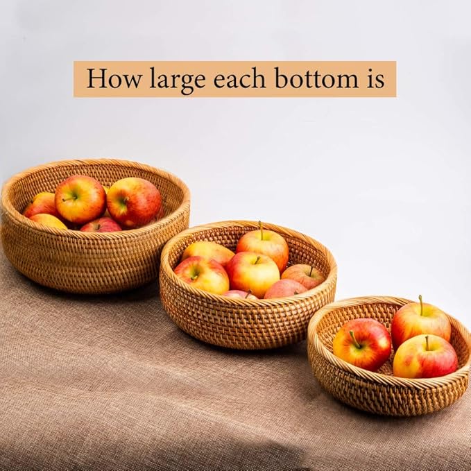 CLAYNIX Woven Fruit Basket For Holder Bowl Decorative Bread Vegetable, Serving Bowl Set of 3 For Organizing Kitchen Natural Rattan Picnic Basket Round Stackable (Natural)
