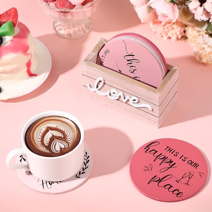 Queekay Coasters Set of 6 House Warming Gifts New Home Wooden Farmhouse Drink - Image 5