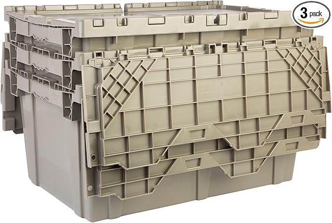 Hudson Exchange 27.3 x 17.2 x 12.6 (3 Pack) Storage Tote Distribution Container with Hinged Attached Lid, Gray/Brown