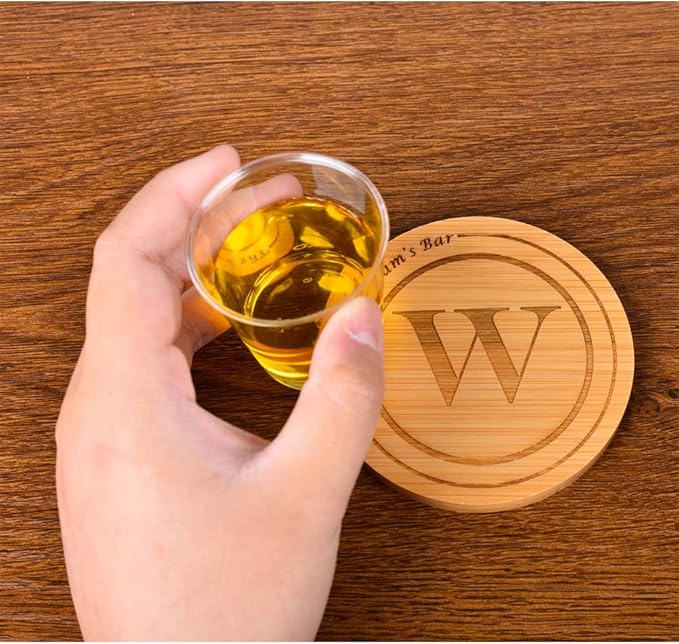 Personalized Bamboo Coasters, Custom Engraved Monogram Coasters with Holder, Great Gifts for Relatives, Friends or Yourself (Set of 4)