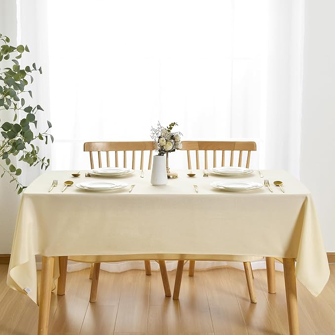 JIUZHEN Faux Linen Farmhouse Tablecloth Rectangular, Wrinkle Stain Resistant Table Cloth Rectangle Table Cover for Kitchen Dining, Champagne, 70 x 140 Inch