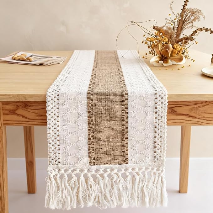 Boho Table Runner with Tassels, Farmhouse Rustic Macrame Table Runners - Image 2