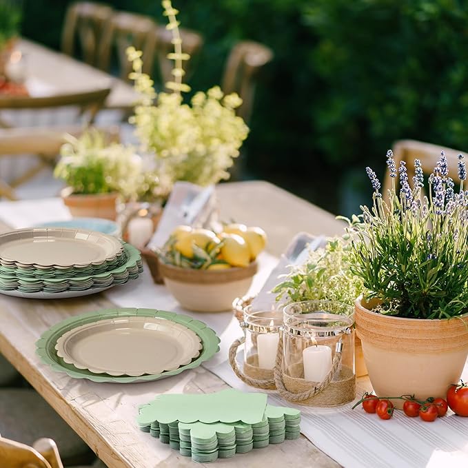 110pcs Sage Green Plates and Napkins Tableware Set Serve 25 Guests Includes Scalloped 9" 7" Paper Dessert Dinner Plate Green Series Napkins for Spring Birthday Wedding Baby Shower Tea Party