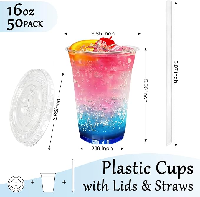 16oz 50 Pack Plastic Cups with Lids and Straws | Cold Drinking Disposable Cups - Image 2