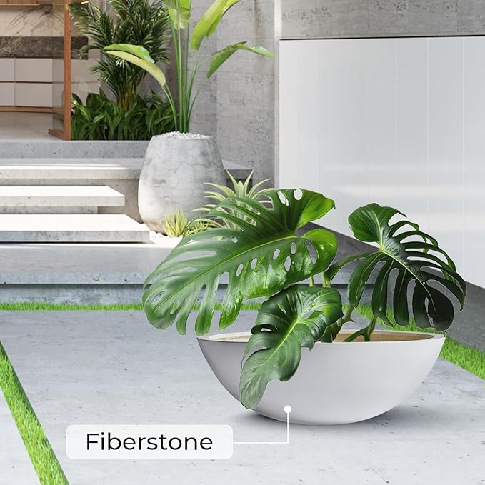7.7" H x 22" D Round Bowl Fiberstone Planter for Succulent and Lotus with Drainage Hole, Smooth Finishes, Weather Resistant, Included 2 Extra Coco Mats (White, 19.9" Pot Opening)