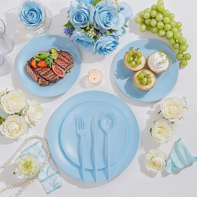 EI 150pcs Blue Plastic Plates Disposable Light Blue Baby Shower Plates Heavy Duty Dinnerware Set Plastic Silverware for Party,Wedding,Easter,Spring Afternoon Tea