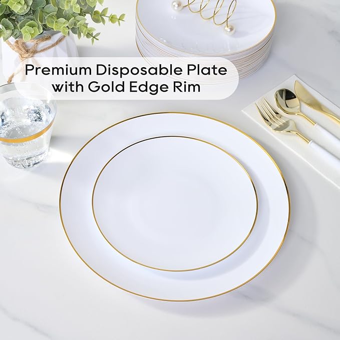 FOCUSLINE 100 Count Gold Plastic Plates 7 Inch, Disposable Heavy Duty Salad Dessert Plates, Premium Hard Plastic Plate Disposable with Gold Rim for Wedding Parties