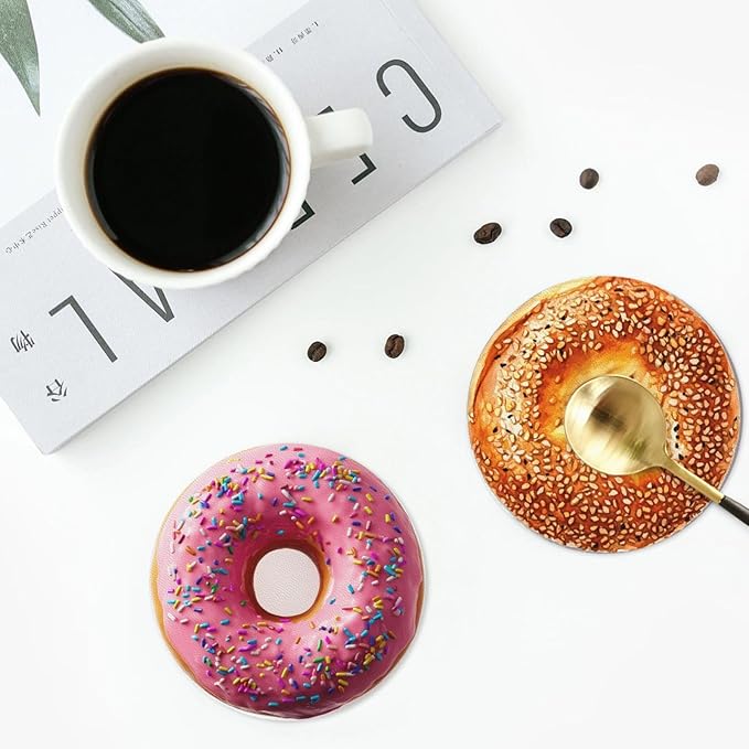 Donuts Coasters for Drinks with Holder Round Leather Coasters Set of 6 Cups Mugs Mat Pad for Home Kitchen Bar