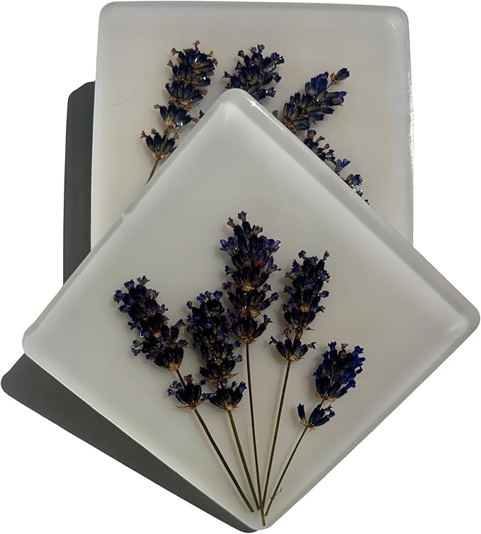 Handcrafted Pressed Lavender Resin Coasters White with Cork Base, Decorative Table Protection (2, Square)