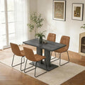 Modern 5-Piece Dining Table Set for 4, 46" Pedestal Dining Table with 4 Leather Chairs, Small Space Saving Kitchen Table Set, Grey Wood Finish Rectangular Table for Dining Room & Apartment