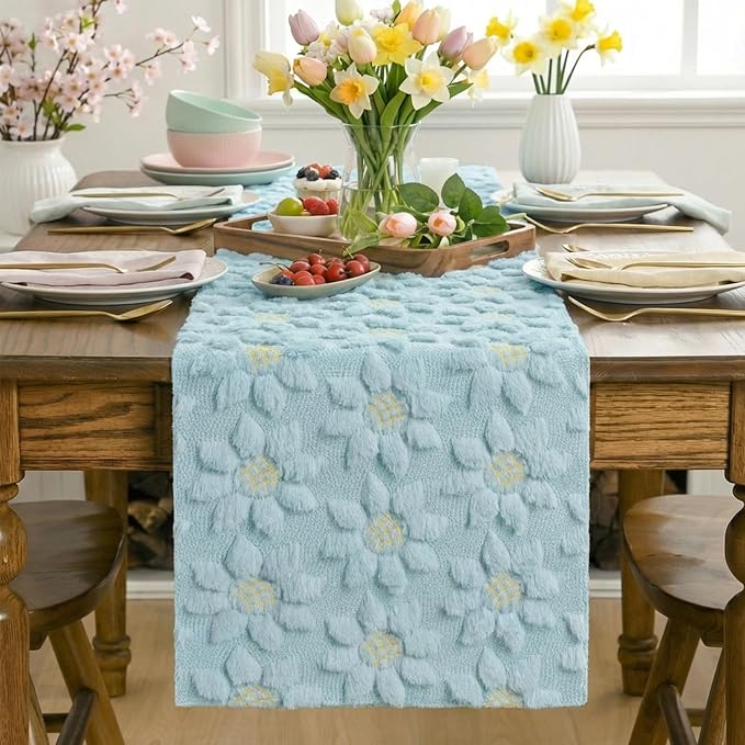 Artoid Mode Blue Soft Plush Faux Fur Jacquard Embroidery Sunflower Spring Table - Image 2