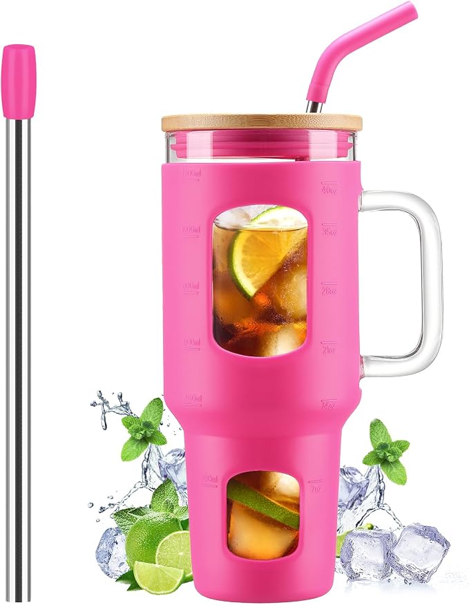 WINSA Glass Tumbler with Straw and Lid, Rose Red, 40 oz | Iced Coffee Cup with by WINSA