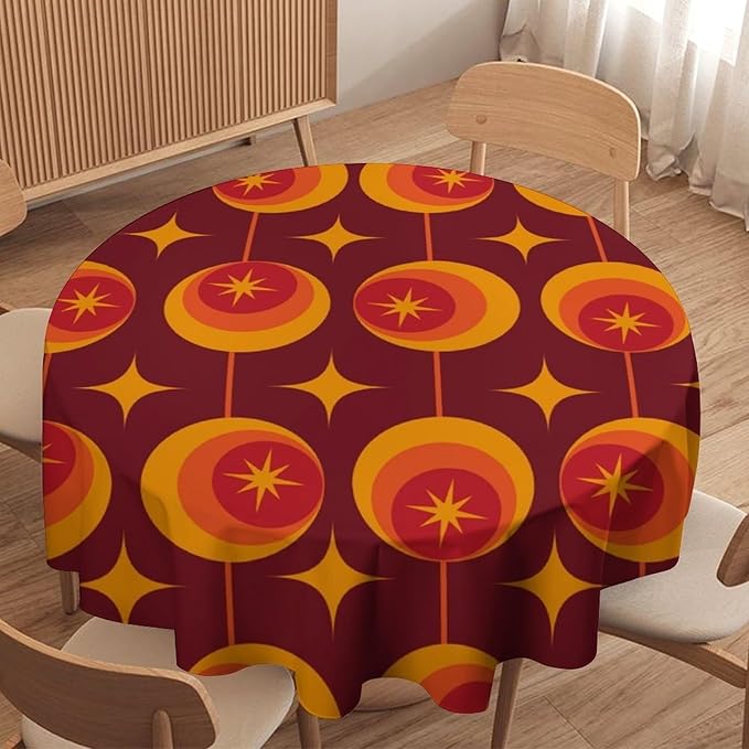 Modern Mid Century Round Tablecloth, Abstract Vintage Geometric Print Tablecloth for Home Party Dining Room Kitchen Decor 60Inch(152cm)