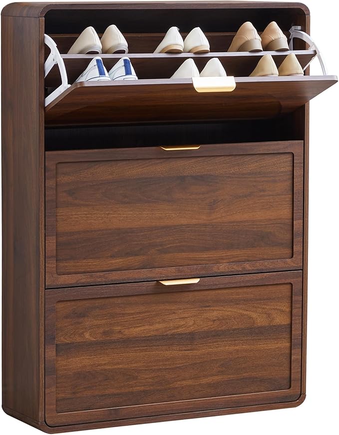 Narrow Hidden Shoe Organizer Cabinet Storage for Entryway, Modern Slim and Skinny Shoe Rack Cabinet with Flip Drawers for Entrance, Hallway - Walnut
