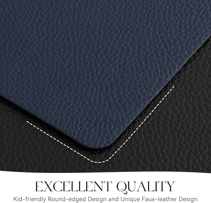 MOSAYT Vinyl Placemats Set of 6, Heat Resistant Place Mats 100% Waterproof Washable & Wipeable Faux Leather Reversible Table Mats for Kitchen Dining Party Indoor Outdoor, 12" x 17", Black/Navy