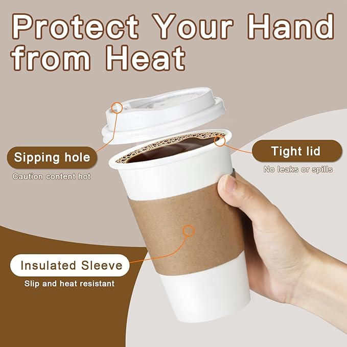 120 Pack 16 oz Paper Coffee Cups Set, Disposable White Coffee Cups with Lids, Sleeves and Stirring Sticks, Fit For Cold and Hot Drinks