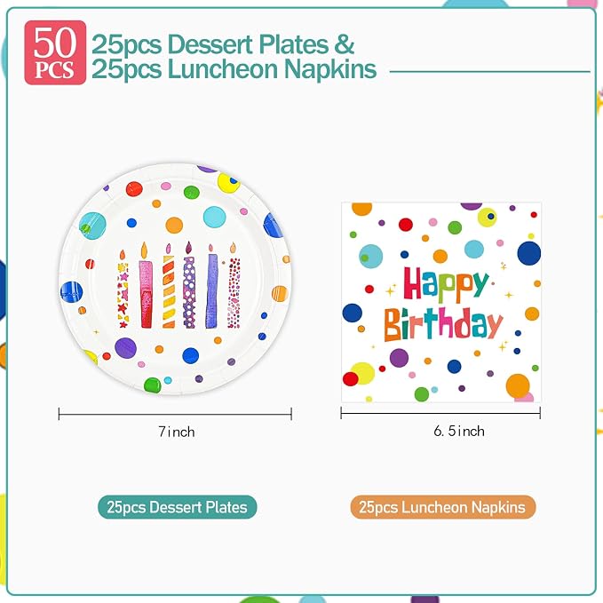 Birthday Plates & Napkins, Colorful Dots, 7 Inch, Disposable Paper Dinnerware - Image 3