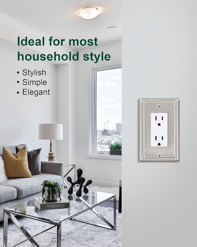 6-Pack Decorator Outlet Cover Plate, Decorative Switch Plates and Outlet Covers, Brushed Nickel Metal Wall Plates for Electrical Outlets, Receptacle, GFCI Outlet, Dimmer Switch