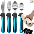BUNMO Adaptive Utensils for Elderly, Arthritis, Weak Hand Grip, Tremors & Handicapped - Convenient Travel Pouch - 3.35oz Lightweight - Stainless Steel - Eat Independently - Adaptive Blue 4 Piece Set