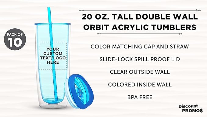 Custom Tall Orbit Acrylic Tumblers 20 oz. Set of 10, Personalized Bulk Pack - Perfect for Iced Coffee, Soda, Other Hot & Cold Beverages - Blue