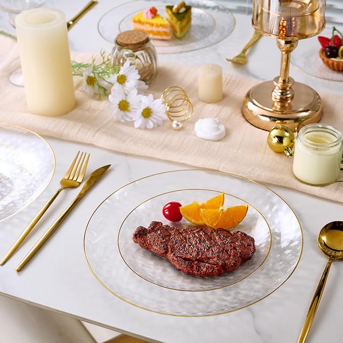 FOCUSLINE 60Pcs Clear Plastic Plates, Clear Disposable Plates with Gold Rim, 30 7" Salad Dessert Plate and 30 10" Dinner Plate Heavy-duty Hammered Plates for Party, Wedding