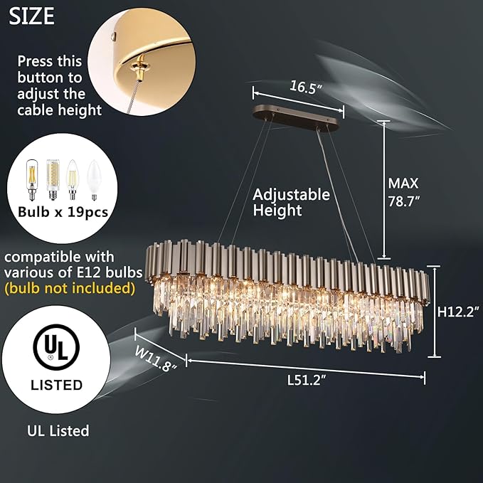 L51.2 Nickel Rectangle Crystal Chandelier for Dining Room Modern Luxury Light Fixture Linear Kitchen Island Contemporary Pendant Ceiling Light Oval Raindrop Chandelier Lighting 19-Light