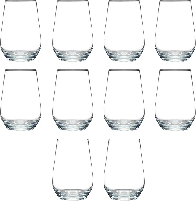 DISCOUNT PROMOS 10 Vaso Silicia Stemless Wine Glasses Set, 16 oz. - Clear, Orb-Like, Thick base - Clear