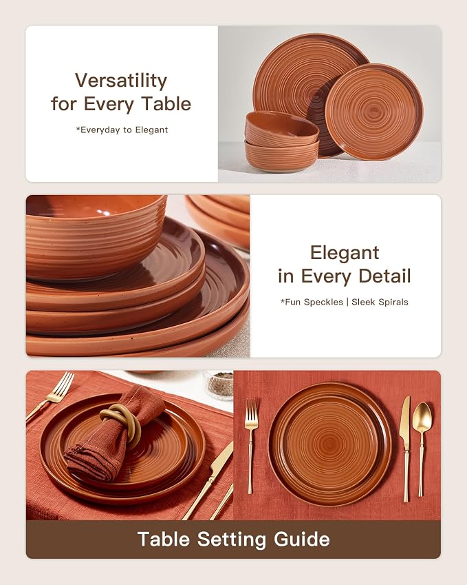Dinnerware Set for 8, Ceramic Plates and Bowls, Terracotta | 24 pcs Speckled - Image 3