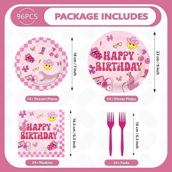 96Pcs Pink Checkered Preppy Birthday Party Supplies Serves 24 | Pink Smiley - Image 5