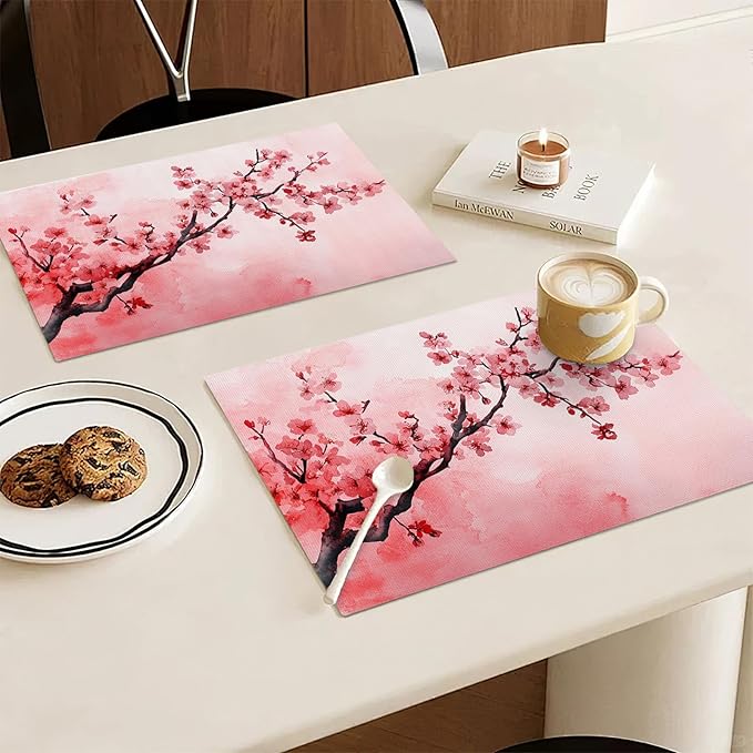 Japanese Cherry Blossom Placemats Set of 4, Pink Sakura Floral Place Mats, Flower Waterproof Washable Table Mats for Home Party Indoor Kitchen Dining Table Decoration 12x18 Inch