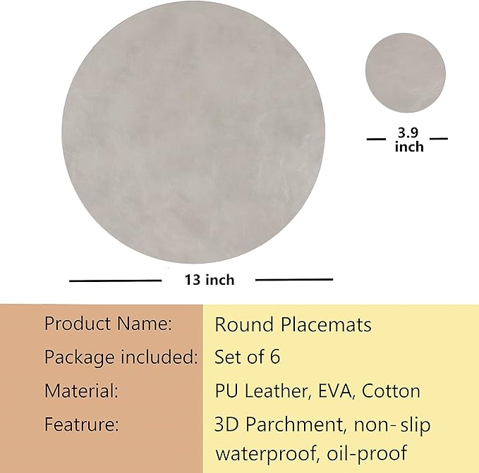 Set of 6 Faux Leather Round Placemats and Coasters, Coffee Mats Kitchen Table Mats, Waterproof, Easy to Clean for Kitchen Dining Round Table