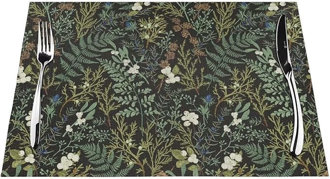 Botanical Print Floral Placemats Set of 4 Black Sage Green Spring Flower Plant Wipeable Table Mats Reusable Washable PVC Rectangle Place Mats for Kitchen Dining Home Decor 12x18 Inches