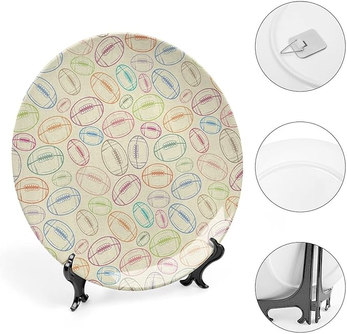 Ceramic Plates, American Football Decorative Ceramic Plates, Grunge Looking Hand Drawn Sports Sketch, 7 Inch, Household Plates Decorative, Multicolor