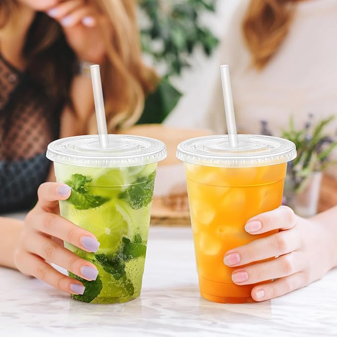 16 oz 100 Pack Plastic Cups with Lids and Straws, Sturdy Food Safe Iced Clear Coffee Cups Disposable Smoothie Cups for Cold Drinks