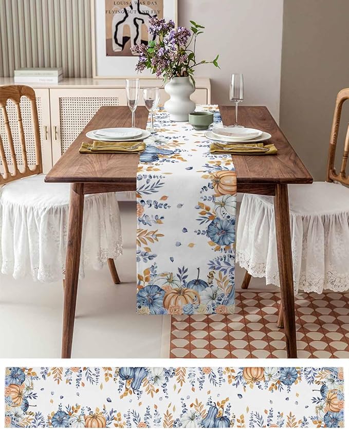 Blue Pumpkin Fall Table Runner 60 Inches Long, Thanksgiving Floral Eucalyptus - Image 4