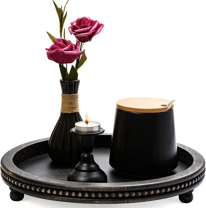 KULEDM Wooden Tray Decor, Small Beaded Coffee Table Tray Decor, Black Round Decorative Tray for Coffee Table, Dining Room Table Entryway and Living Room Table