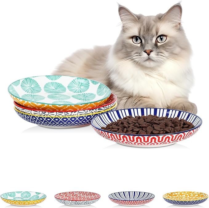 Selamica Ceramic Cat Bowls, 6 Inch Wide Shallow Cat Food Bowl for Relief Whisker Fatigue, Set of 4, Assorted Colors