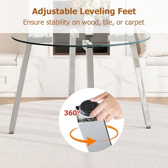 42" Round Glass Dining Table Set for 4,Modern Breakfast Table Set for 4 with Silver Chrome Legs,Space Saving Kitchen Table and Grey Chairs for Apartment,Easy Assembly