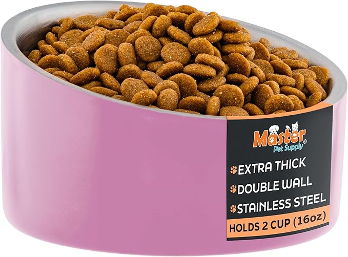 Master Pet Supply Stainless Steel Slanted Dog Cat Food Bowl - 16 oz Heavy Duty - Hyper Pink, Double Wall Insulated, Non-Slip Elevated Bowl for French Bulldogs Pugs Cats, Anti Rust Dishwasher Safe