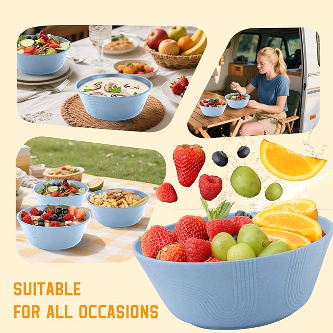 Homienly Wheat Straw Bowls 36 Oz Set of 6 - Unbreakable Microwave Safe Soup Bowls & Cereal Bowl, Reusable Plastic Bowls for Kitchen, Dining, Camping, Party, Dishwasher Safe Ramen Bowl (Sky Blue)