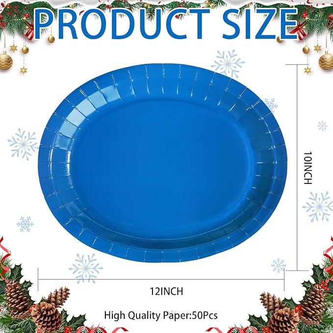 Grencian 50 PCS Blue Oval Paper Plates Blue Plate Large 10" X 12" Disposable 400GSM Paper Tableware Dinnerware for Birthday Winter Holiday Wedding Baby Shower Christmas Party Decorations