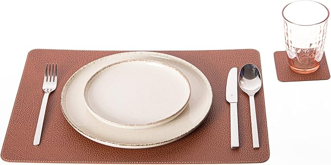 Nikalaz Set of 4 Placemats and 4 Coasters Made of Recycled Leather (18''x13'', Dirty Brown)