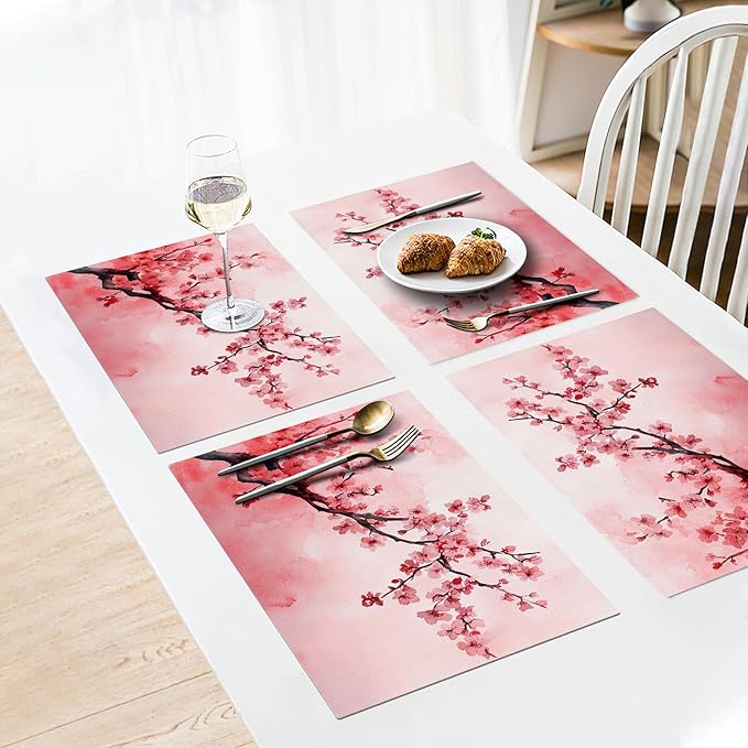 Japanese Cherry Blossom Placemats Set of 6, Pink Sakura Floral Place Mats, Flower Waterproof Washable Table Mats for Home Party Indoor Kitchen Dining Table Decoration 12x18 Inch