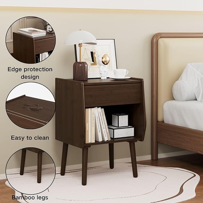 ZIYOO Nightstand with Drawer Open Shelf, Mid Century Modern Bedside Table, Small End Table for Living Room&Small Spaces, Bedroom, Walnut