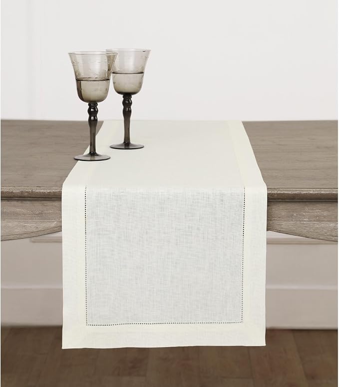 Solino Home 100% Pure Linen Dining Table Runner Ivory Hemstitch, 14 x 90 in | by SolinoHome
