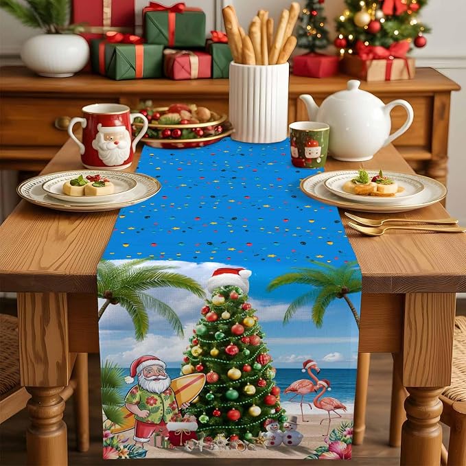 Coastal Christmas Table Runner 72 Inches Long, Xmas Tree Santa Beach Table - Image 5