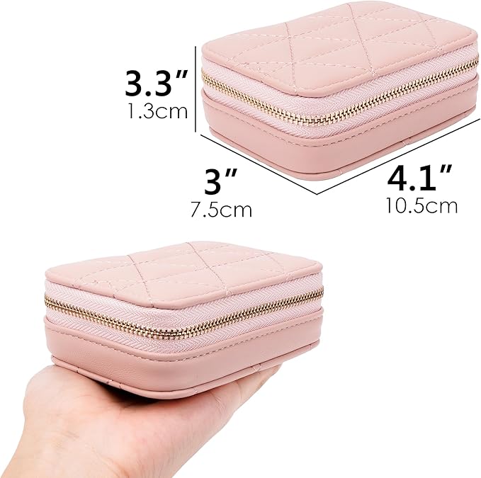 Lipstick Holder with Mirror for Purse, Genuine Leather Makeup Case, Compact Zippered Travel Cosmetic Organizer, Pink